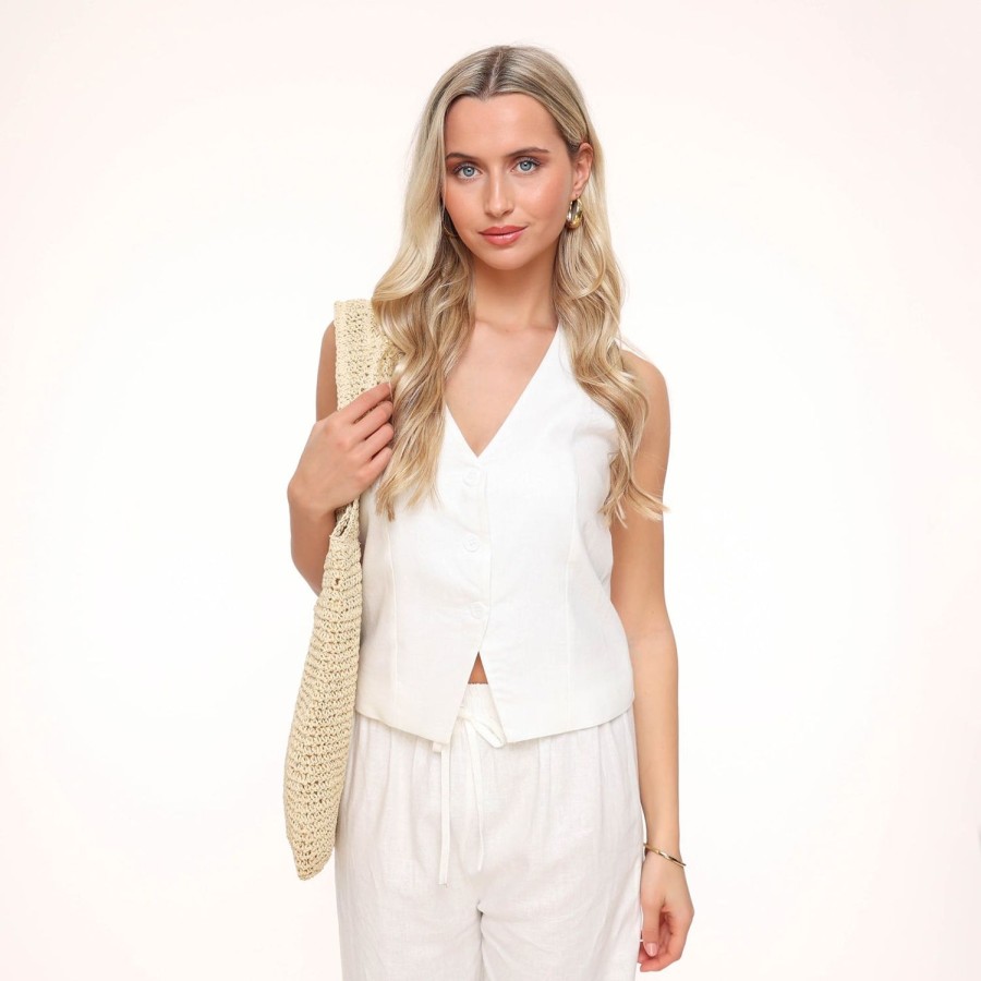 Olivia & Kate Gilets | White Low V-Neck Linen-Gilet