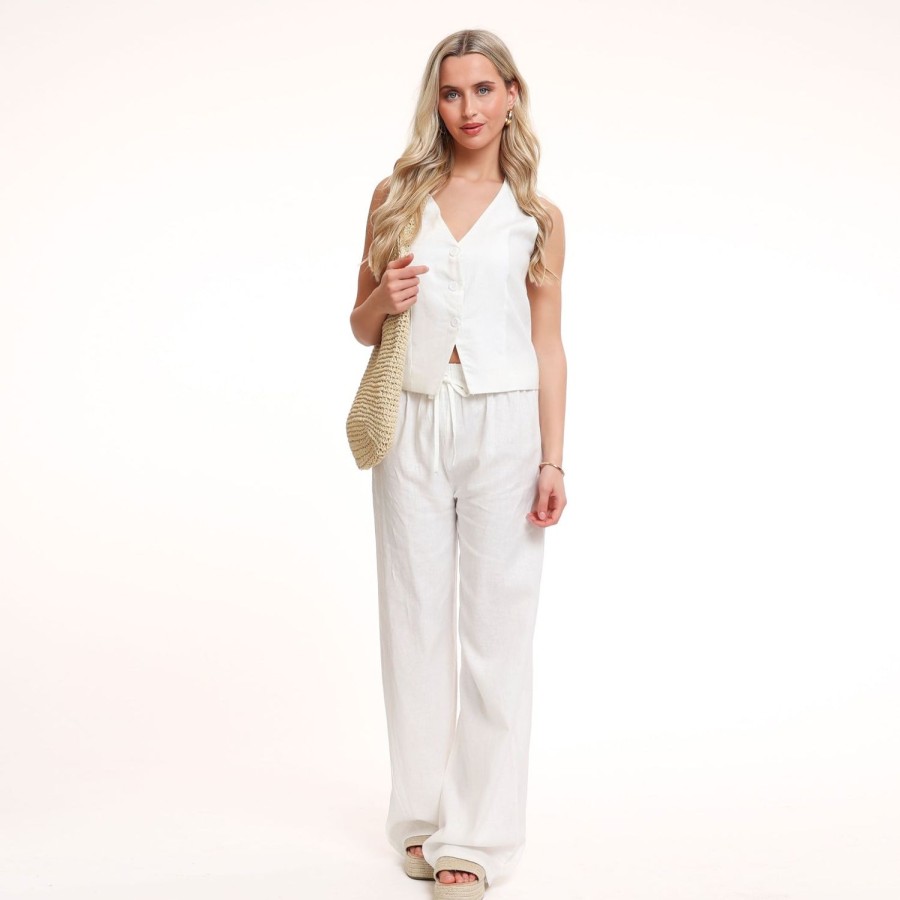 Olivia & Kate Gilets | White Low V-Neck Linen-Gilet