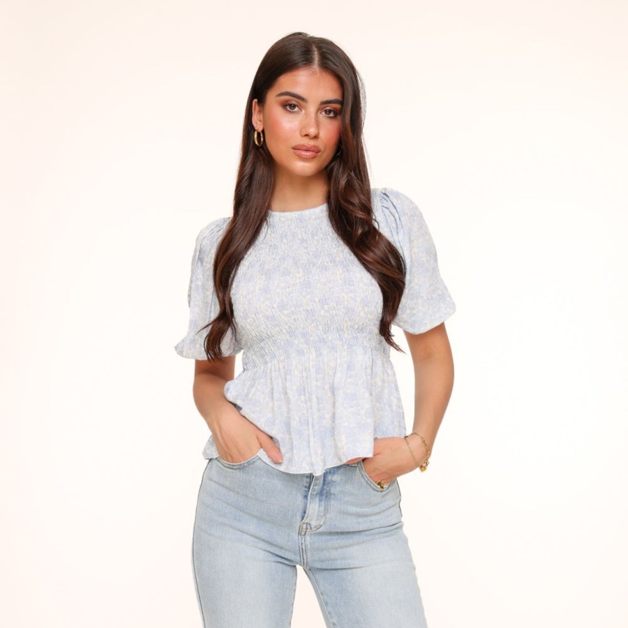 Olivia & Kate Tops | Light Blue Flowers Stretchy Ss-Top