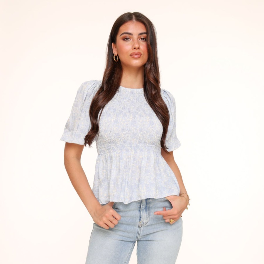 Olivia & Kate Tops | Light Blue Flowers Stretchy Ss-Top