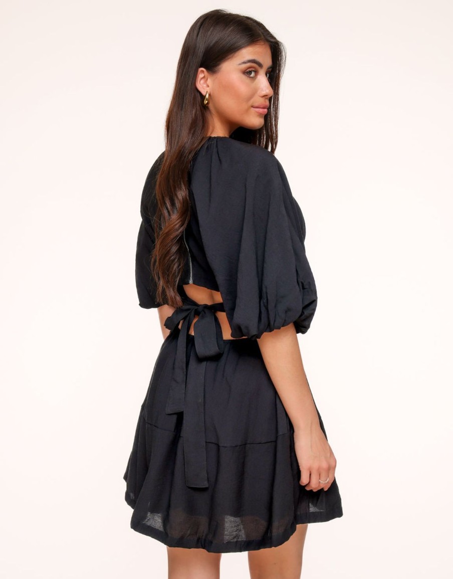 Olivia & Kate Dresses | Black Short Puff Sleeves Tie Back-Dress