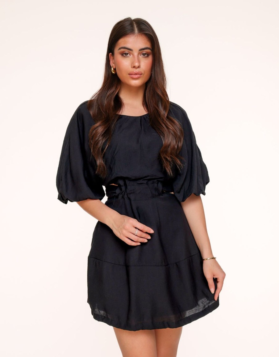 Olivia & Kate Dresses | Black Short Puff Sleeves Tie Back-Dress