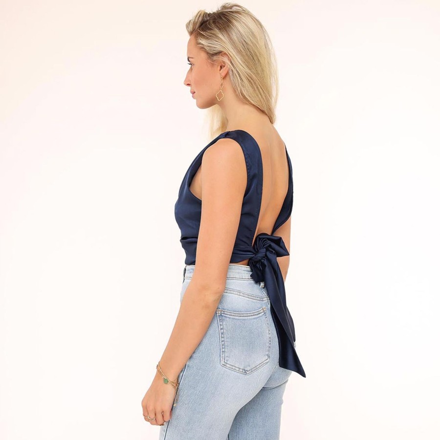 Olivia & Kate Tops | Dark Blue Satin Open Back-Top