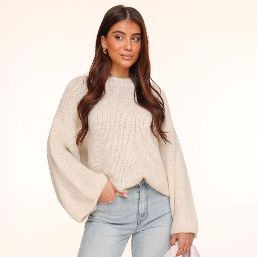 Olivia & Kate Sweaters | Creme Wool Knitted Wide Sleeves-Sweater