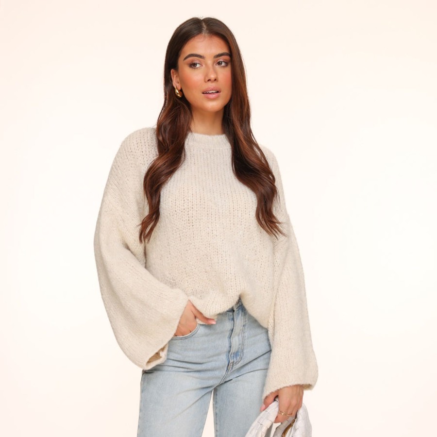 Olivia & Kate Sweaters | Creme Wool Knitted Wide Sleeves-Sweater