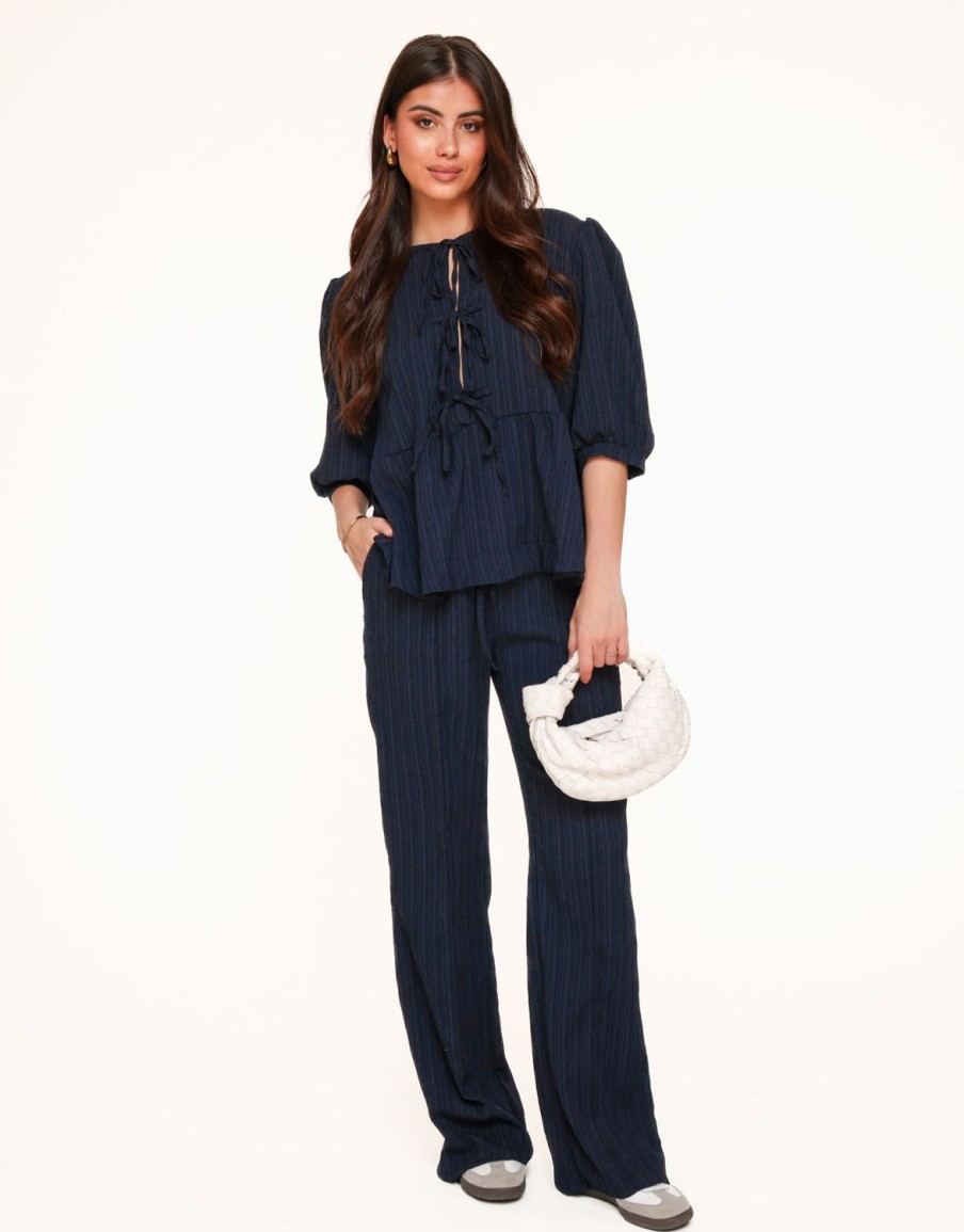 Olivia & Kate Sets | Dark Blue Short Bow Ties Puff Sleeves Pleated-Set