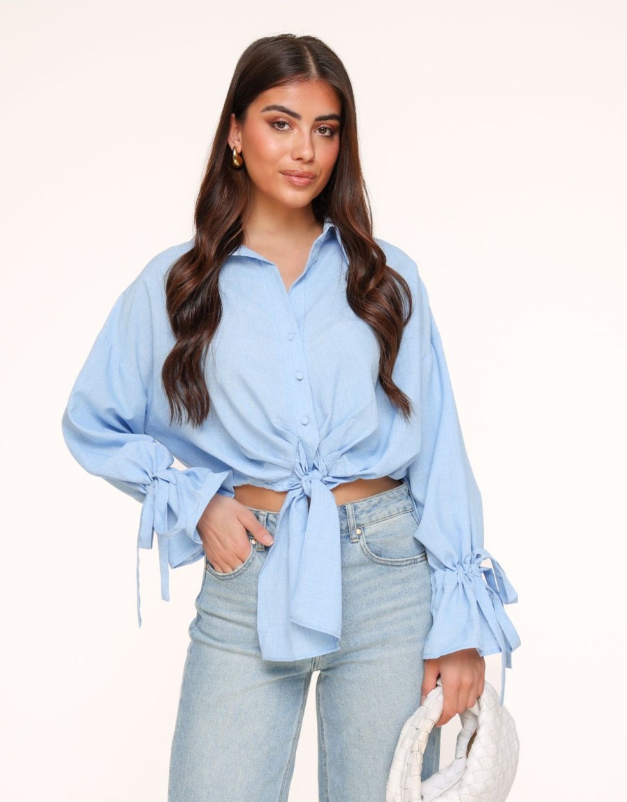 Olivia & Kate Tops | Light Blue Tied Cropped-Blouse