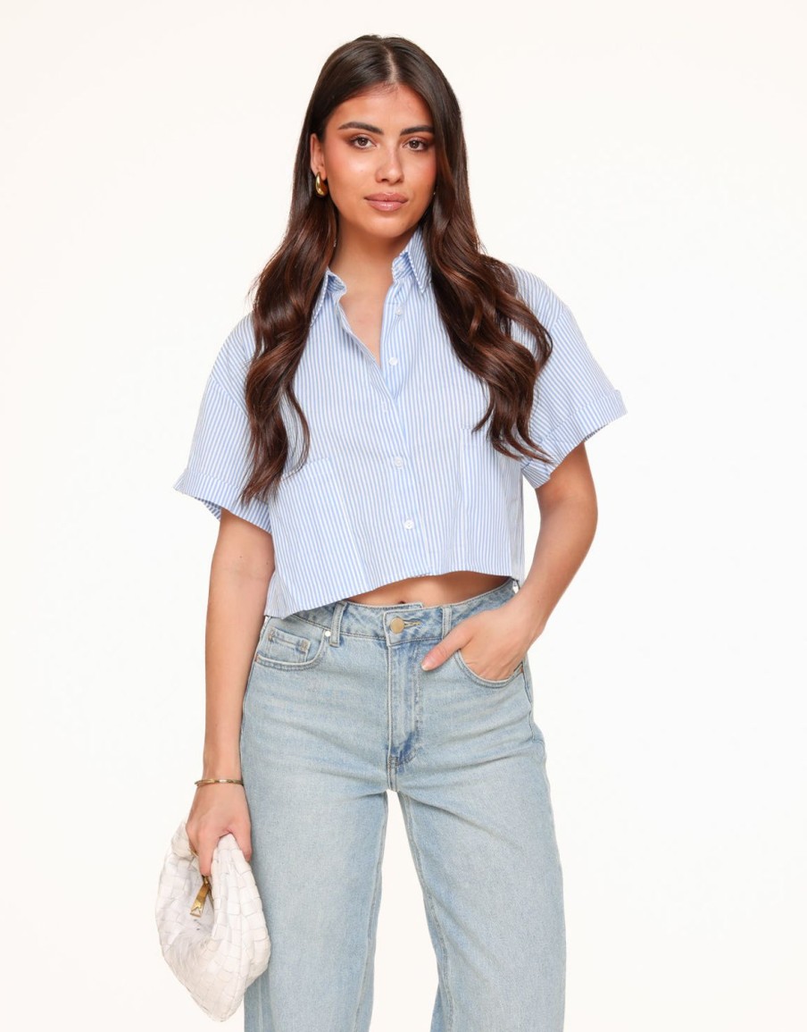 Olivia & Kate Tops | Light Blue Striped Cropped Ss-Blouse