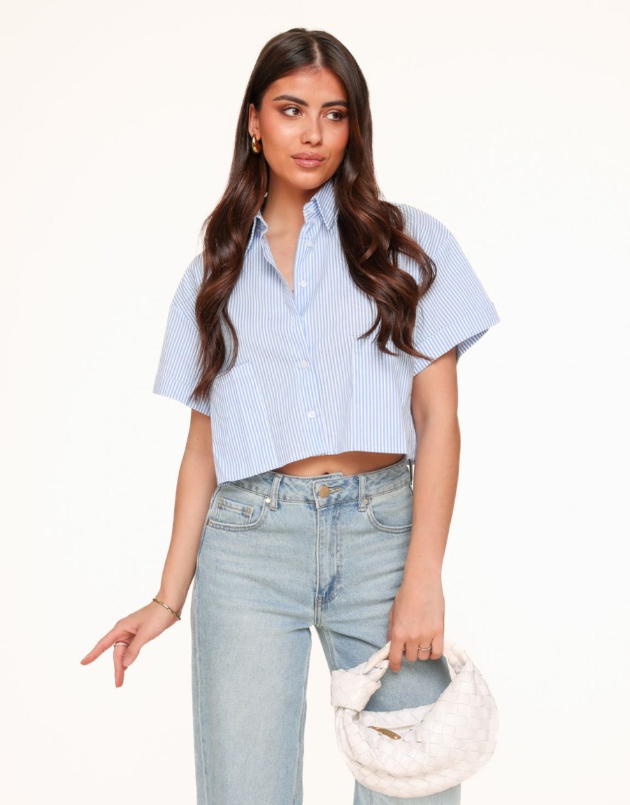 Olivia & Kate Tops | Light Blue Striped Cropped Ss-Blouse