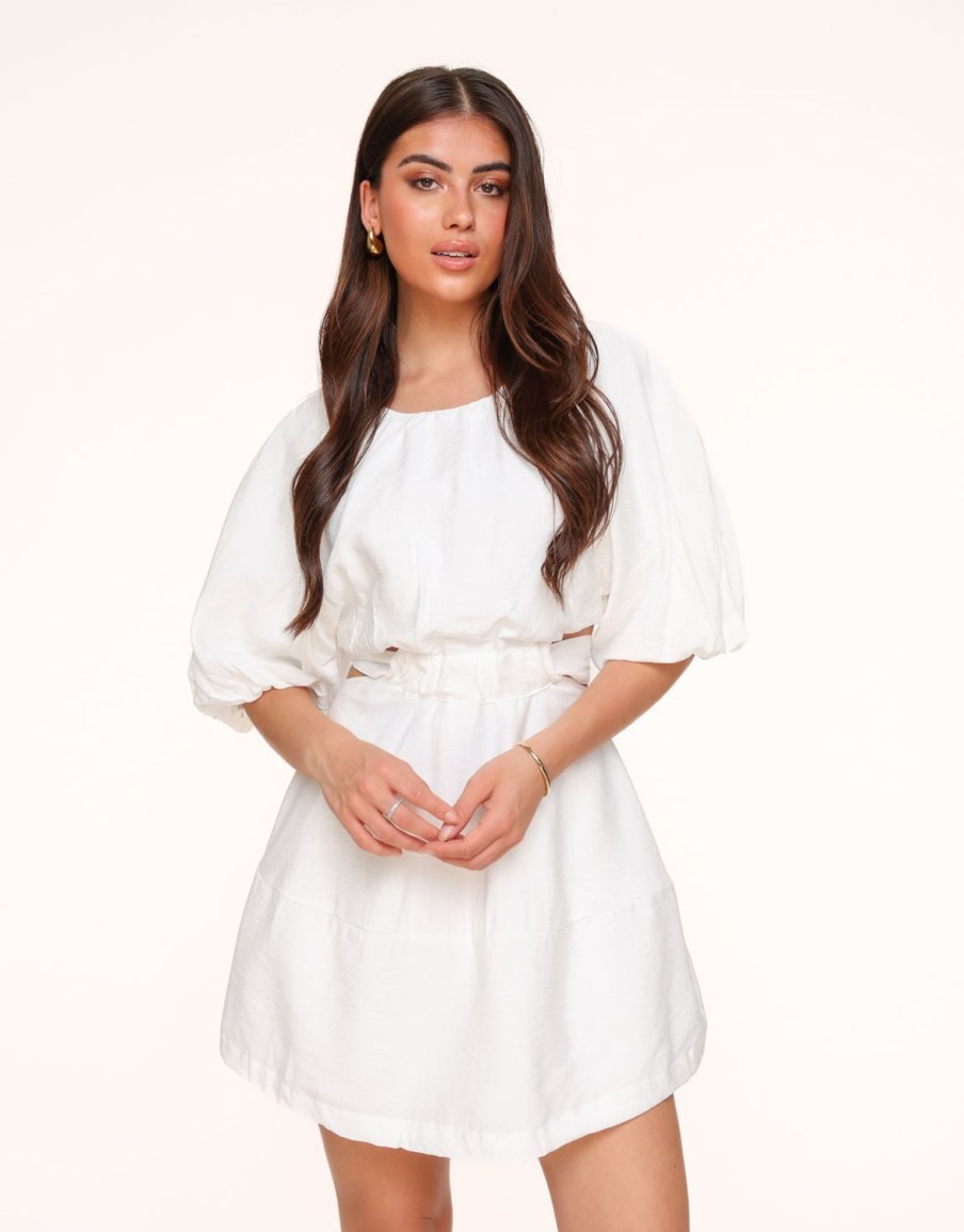 Olivia & Kate Dresses | White Short Puff Sleeves Tie Back-Dress