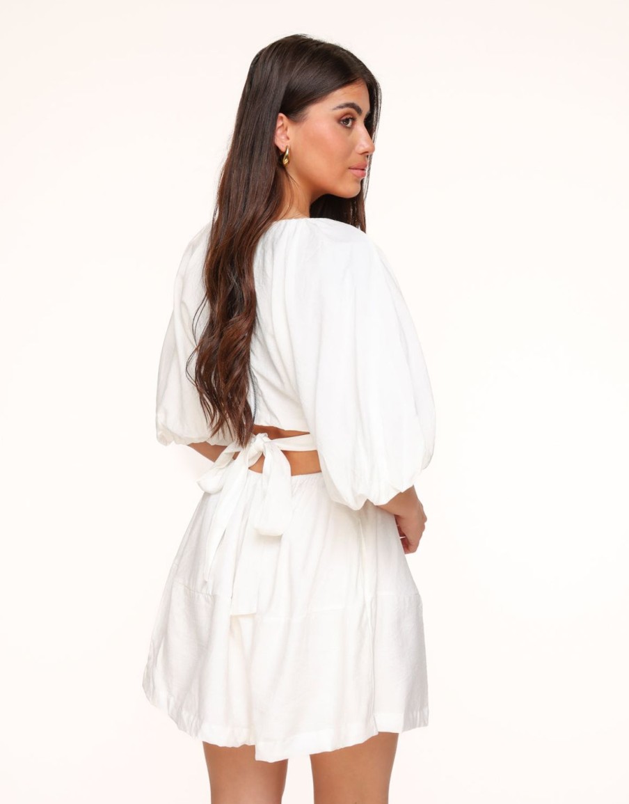 Olivia & Kate Dresses | White Short Puff Sleeves Tie Back-Dress