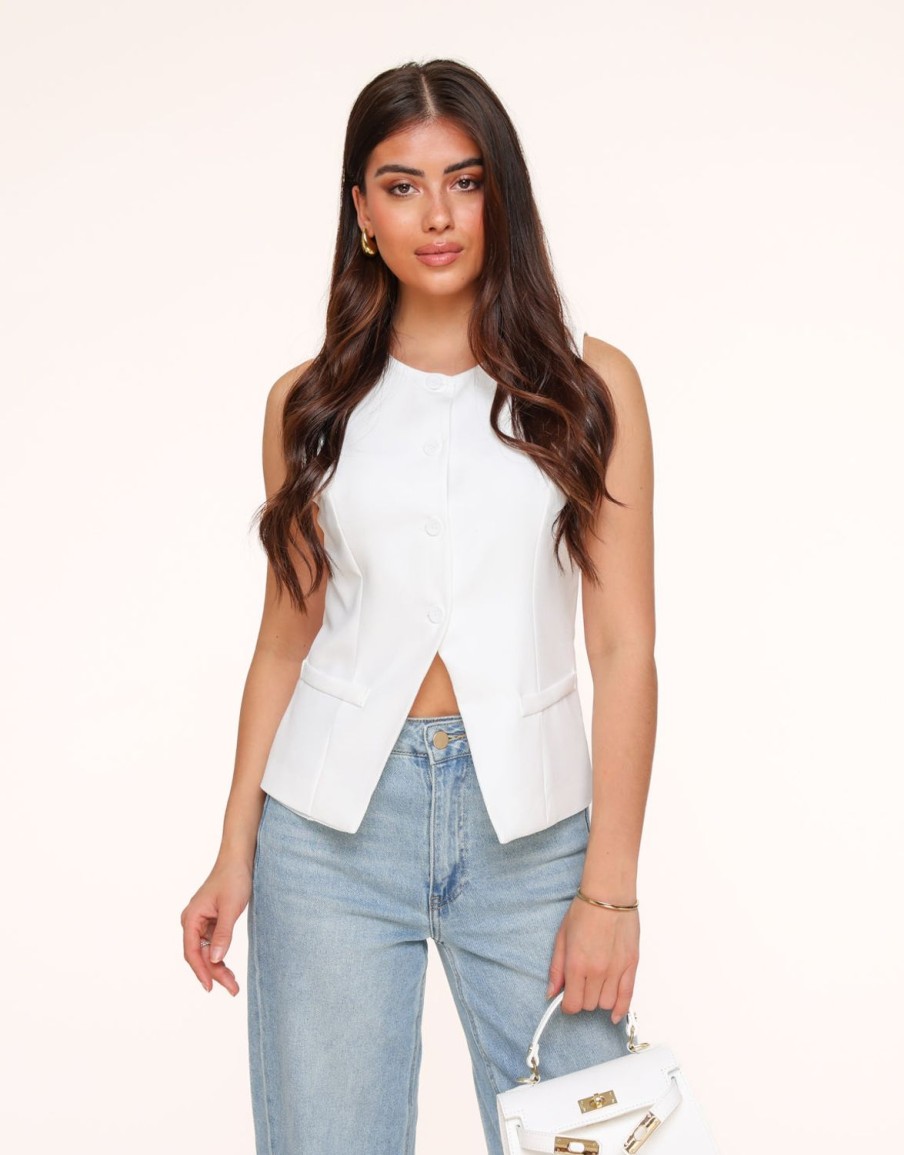 Olivia & Kate Tops | White High Buttons-Gilet