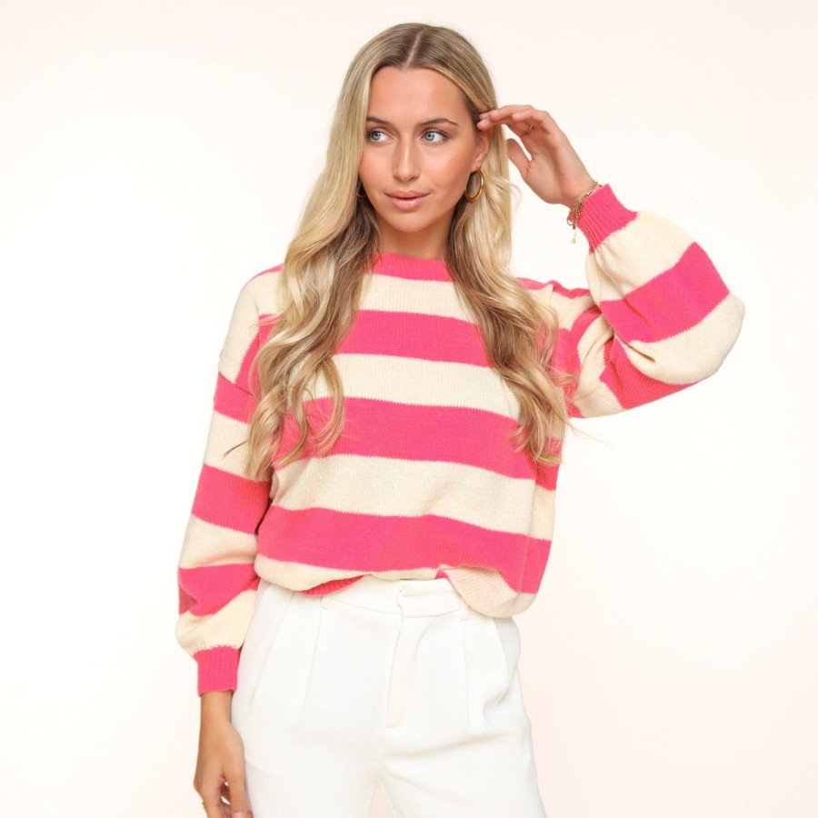 Olivia & Kate Sweaters | Pink Wide White Striped Knitted-Sweater