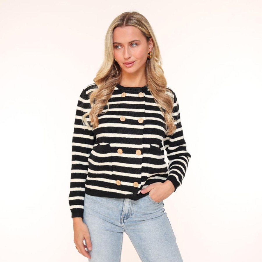 Olivia & Kate Cardigans | Black Striped Golden Buttons-Cardigan