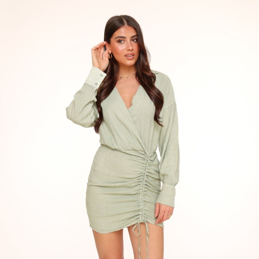 Olivia & Kate Dresses | Army Green Linen Draped-Dress