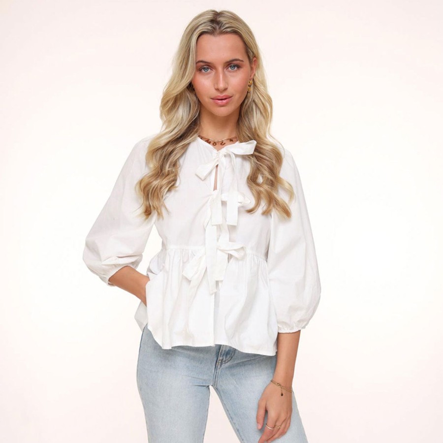 Olivia & Kate Tops | White Bow Ties 3/4 Sleeves-Blouse