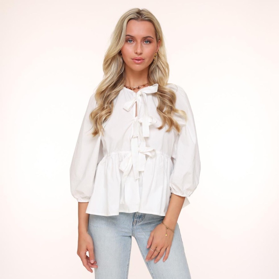 Olivia & Kate Tops | White Bow Ties 3/4 Sleeves-Blouse