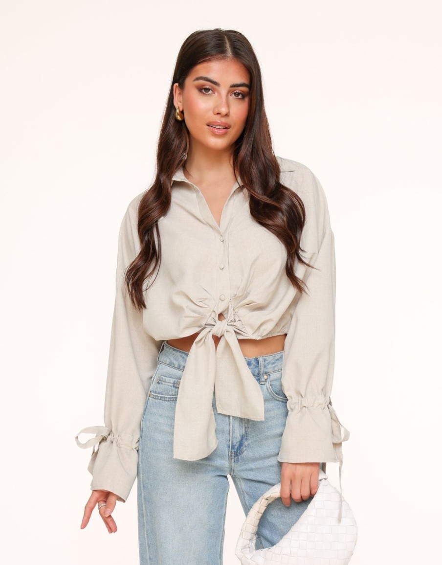 Olivia & Kate Tops | Beige Tied Cropped-Blouse