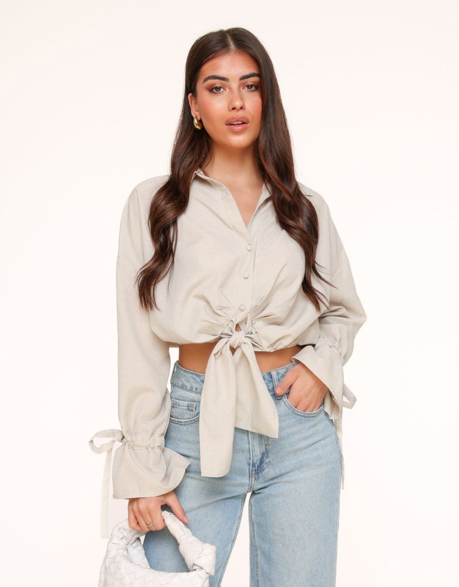 Olivia & Kate Tops | Beige Tied Cropped-Blouse