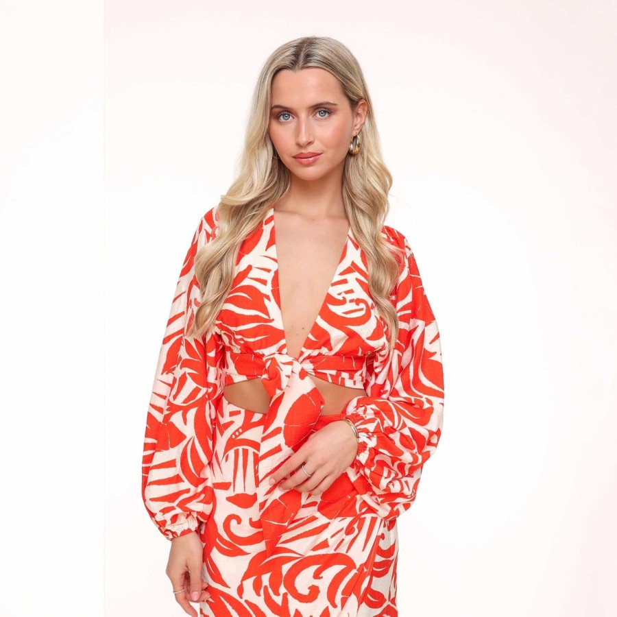 Olivia & Kate Tops | Red Pattern Tie Balloon Sleeves-Top