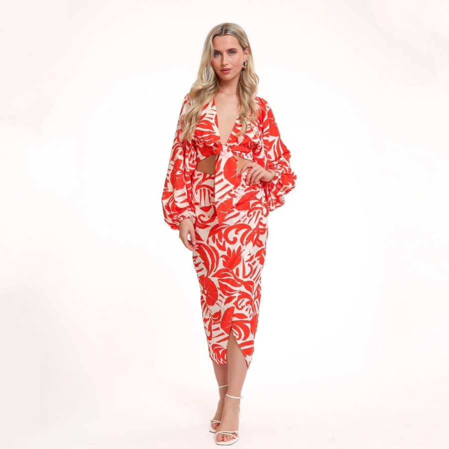 Olivia & Kate Tops | Red Pattern Tie Balloon Sleeves-Top