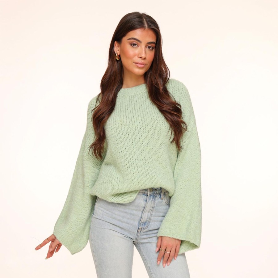 Olivia & Kate Sweaters | Mint Green Wool Knitted Wide Sleeve-Sweater