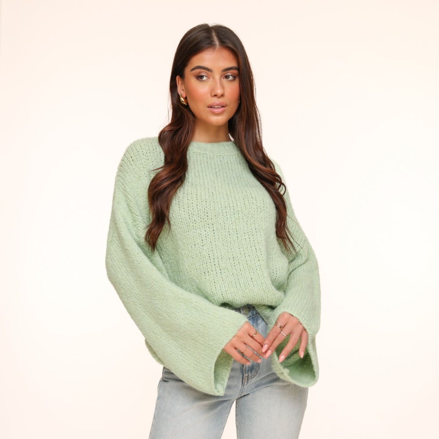 Olivia & Kate Sweaters | Mint Green Wool Knitted Wide Sleeve-Sweater