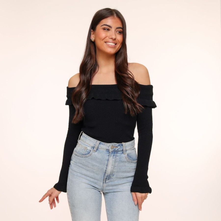 Olivia & Kate Tops | Black Elastic Ruffel Off Shoulder-Top