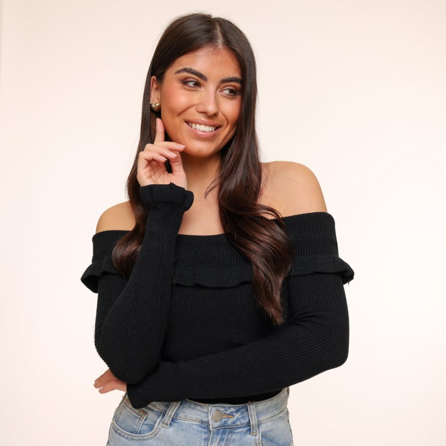 Olivia & Kate Tops | Black Elastic Ruffel Off Shoulder-Top