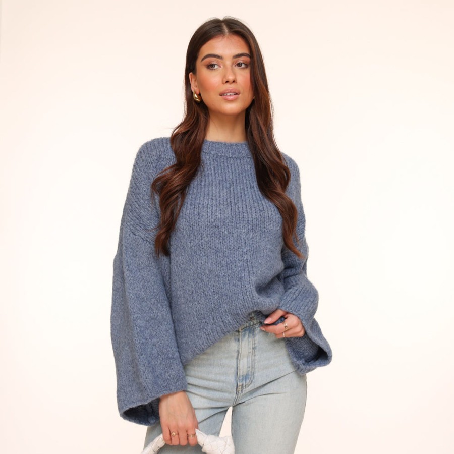 Olivia & Kate Sweaters | Navy Wool Knitted Wide Sleeves-Sweater