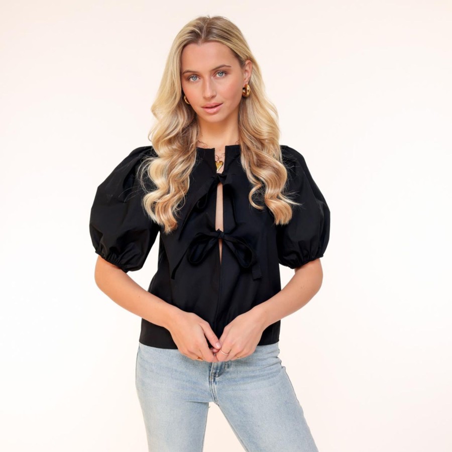 Olivia & Kate Tops | Black Bow Ties Short Puf Sleeves-Top