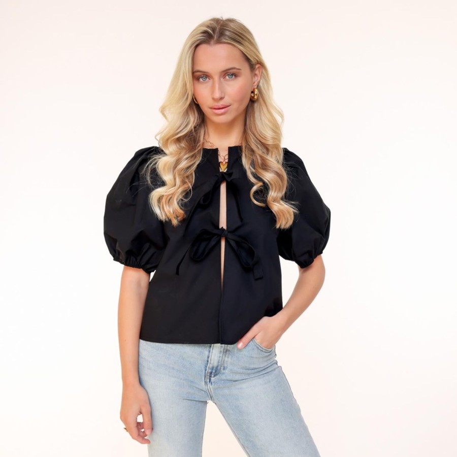 Olivia & Kate Tops | Black Bow Ties Short Puf Sleeves-Top