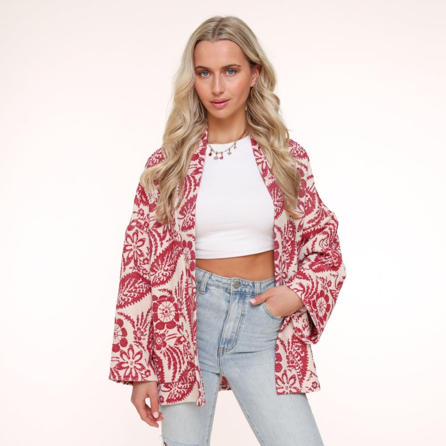 Olivia & Kate Cardigans | Red Printed Ls-Jacket