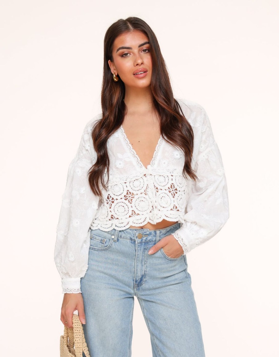 Olivia & Kate Tops | White V-Neck Details-Blouse