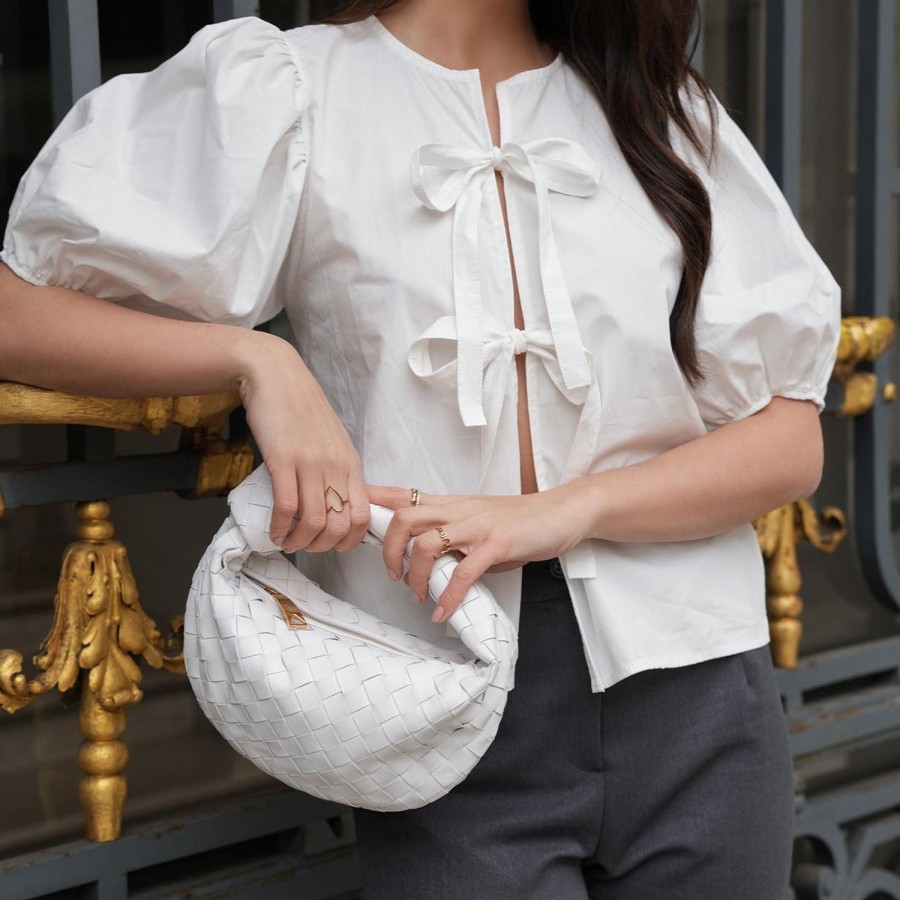 Olivia & Kate Tops | White Bow Ties Short Puf Sleeves-Top